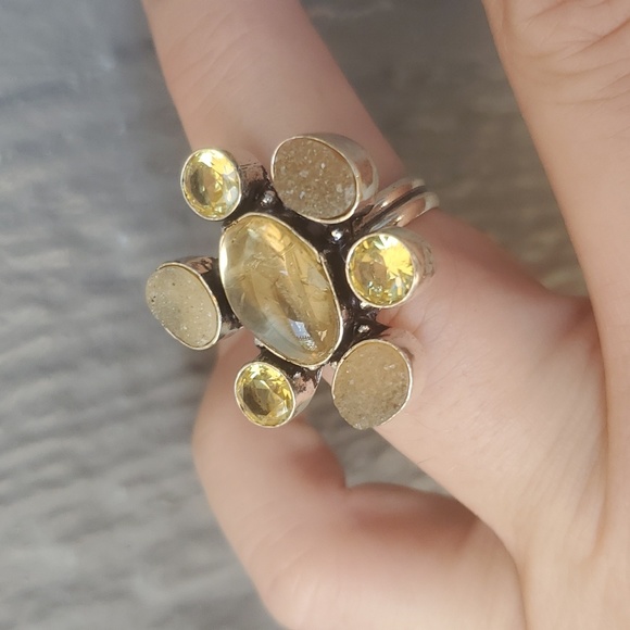 New Golden Rutile, Citrine and Druzy 925 Silver Ring. - Picture 3 of 16